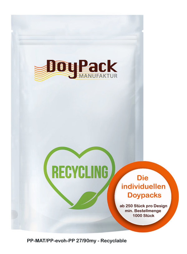 Doypack (pro Verpackungseinheit 1000 Stück) Format 180x225x50-50mm PP-MAT/PP-evoh-PP 27/90my