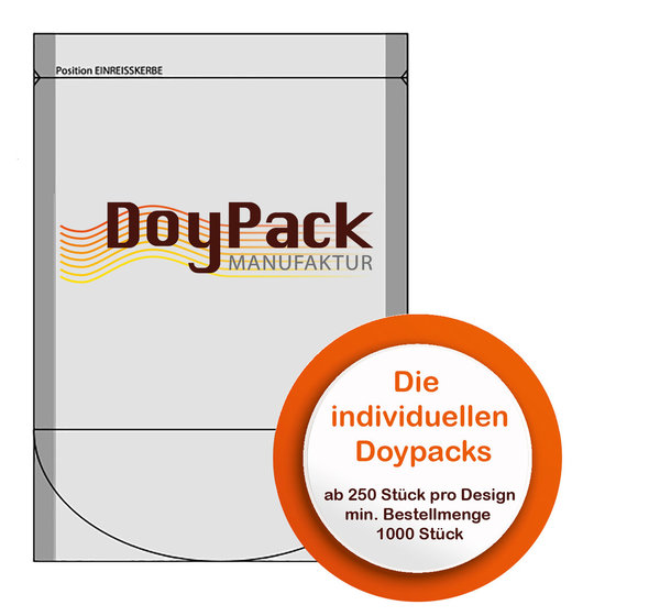 Doypack ohne Zipper (pro Verpackungseinheit 1000 Stück) Format 210x290x65-65mm