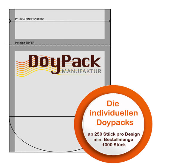 Doypack (pro Verpackungseinheit 1000 Stück) Format 85x120x30/30mm PP-MAT/PP-evoh-PP 27/90my