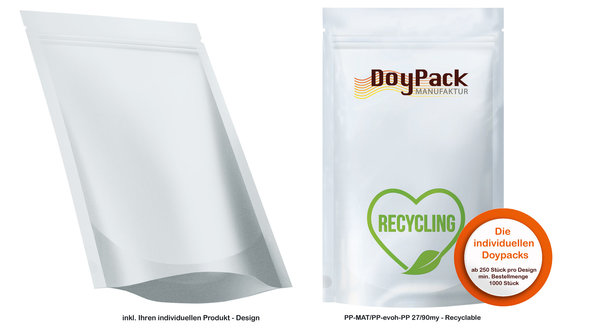 Doypack (pro Verpackungseinheit 1000 Stück) Format 186x262x55-55mm PP-MAT/PP-evoh-PP 27/90my