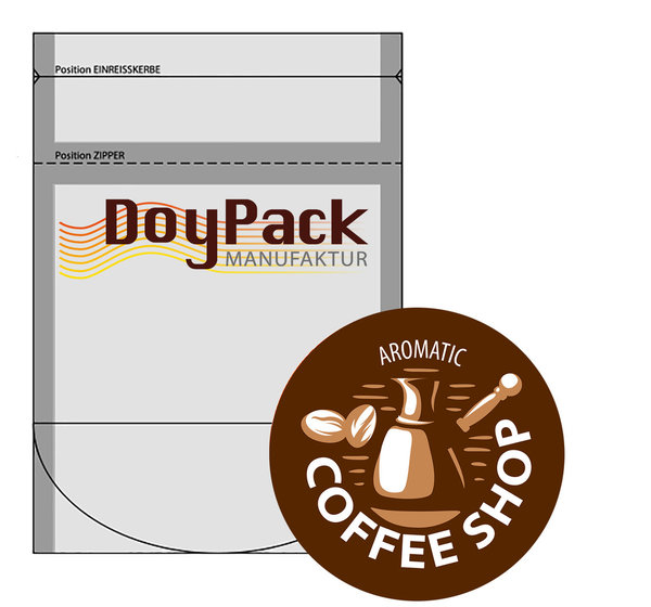Kaffee Doypack mit Ventil (pro Verpackungseinheit 1000 Stück) Format 150x230x40-40mm