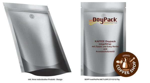 Kaffee Doypack mit Ventil (pro Verpackungseinheit 1000 Stück) Format 210x290x65-65mm