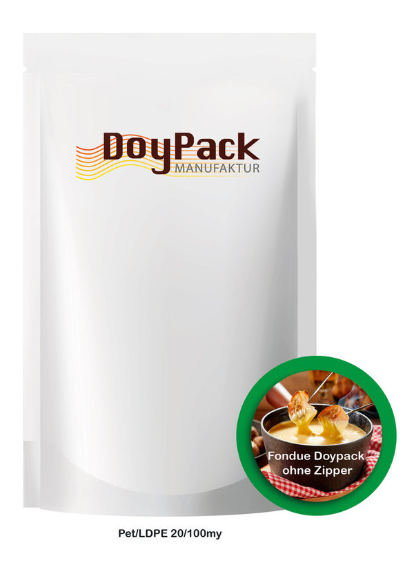 Fondue Doypack ohne Zipper (pro Verpackungseinheit 1000 Stück) Format 210x290x65-65mm