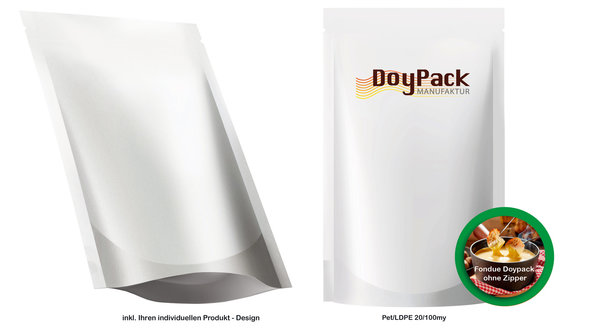 Fondue Doypack mit Zipper (pro Verpackungseinheit 1000 Stück) Format 180x290x50-50mm