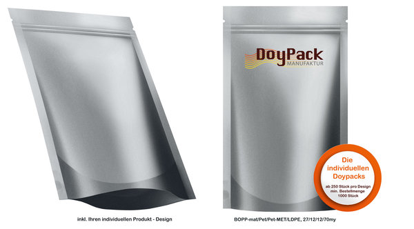 Doypack mit Zipper (pro Verpackungseinheit 1000 Stück) Format 85x120x30-30mm