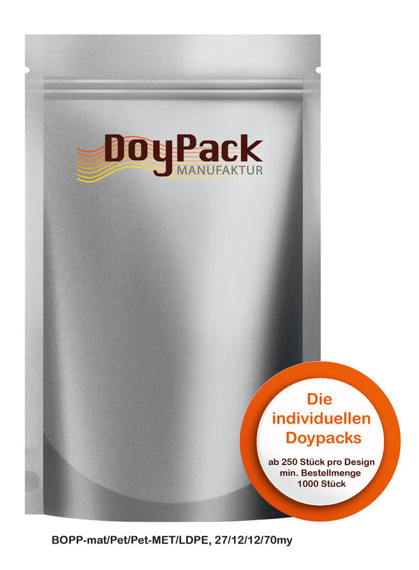 Doypack mit Zipper (pro Verpackungseinheit 1000 Stück) Format 250x260x85-85mm