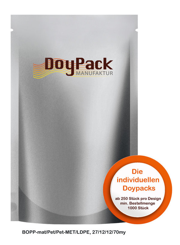 Doypack ohne Zipper (pro Verpackungseinheit 1000 Stück) Format 250x260x85-85mm