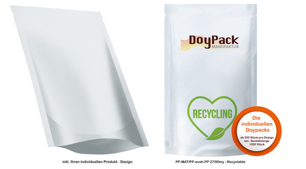 Doypack ohne Zipper - Recyclebar (pro Verpackungseinheit 1000 Stück) Format 110x150x40-40mm