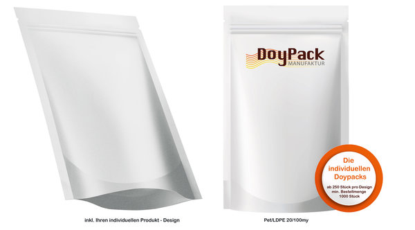 Doypack (pro Verpackungseinheit 1000 Stück) Format 186x262x55-55mm Pet/LDPE 20/100my