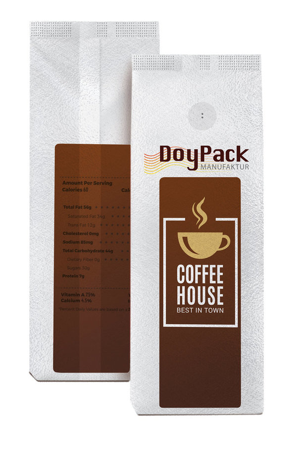 1000g Kaffee Flowpack mit Ventil - 130 x 400 x 70-70mm - BOPP-mat/Pet-met/LDPE